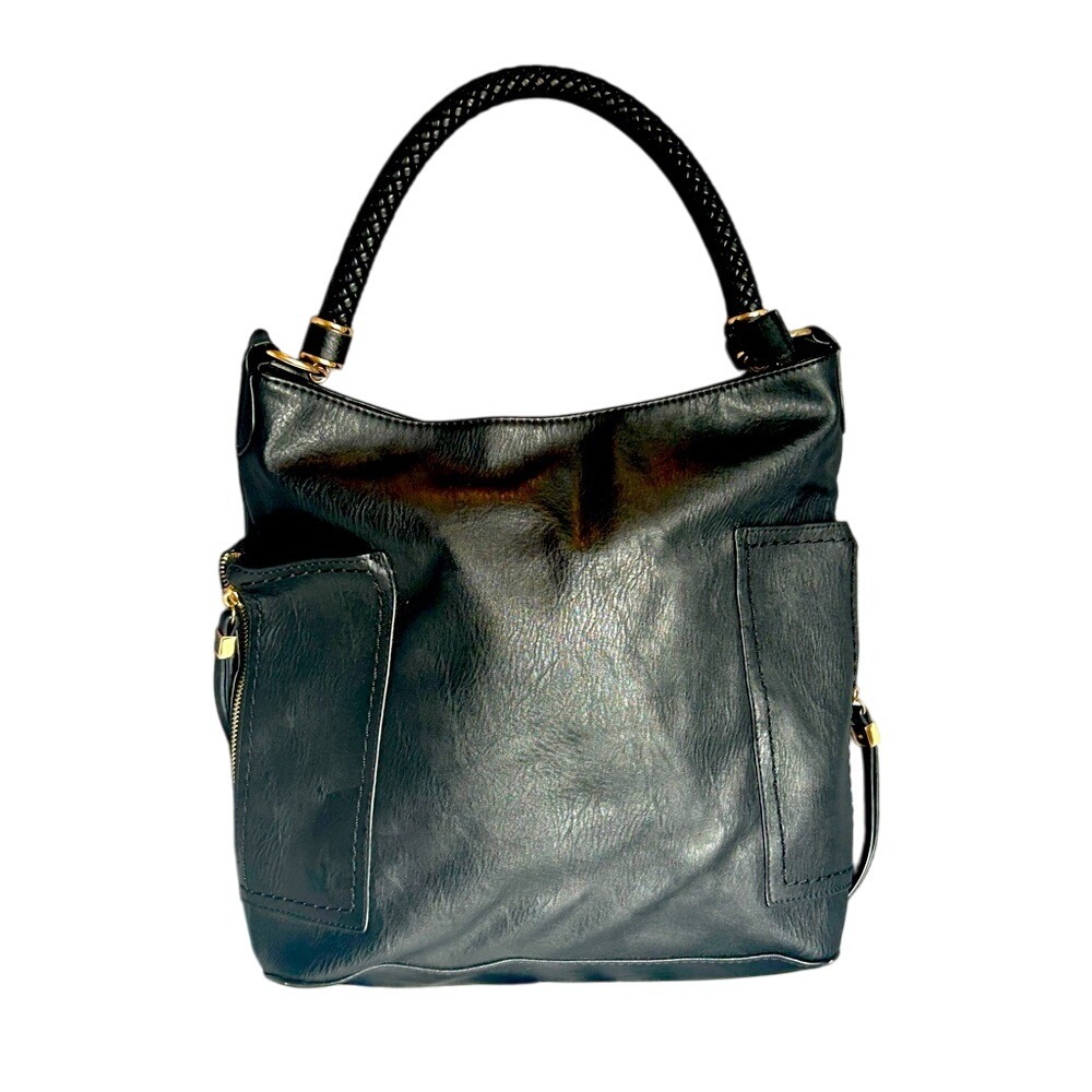 Mystique Black Hobo Bag with Braided Handle & Exterior Pockets, 13" H X 11" W